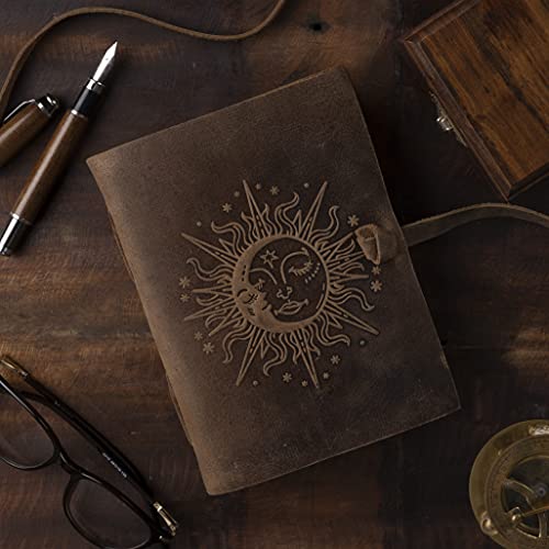 NomadCraftsCo. Sun & Moon Embossed Vintage Leather Journal | 240 Pages of Antique Handmade Deckle Edge Vintage Paper, Leather Sketchbook, Drawing Journal, Great Gift - Image 3