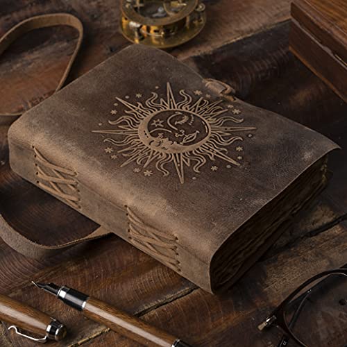 NomadCraftsCo. Sun & Moon Embossed Vintage Leather Journal | 240 Pages of Antique Handmade Deckle Edge Vintage Paper, Leather Sketchbook, Drawing Journal, Great Gift - Image 5