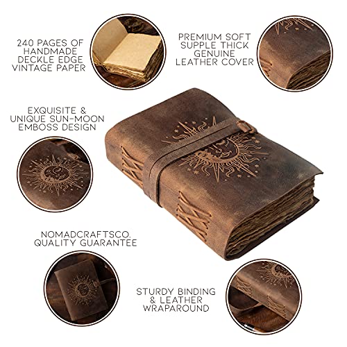 NomadCraftsCo. Sun & Moon Embossed Vintage Leather Journal | 240 Pages of Antique Handmade Deckle Edge Vintage Paper, Leather Sketchbook, Drawing Journal, Great Gift - Image 2