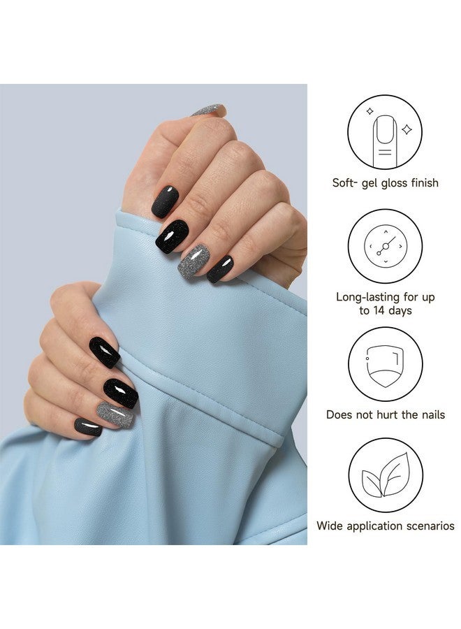 دوكاسو شرائط أظافر جل شبه معالجة، 28 قطعة من شرائط أظافر جل سوداء لامعة تحتاج إلى ضوء الأشعة فوق البنفسجية، ملصقات أظافر جل طويلة الأمد ولفافة أظافر كاملة للنساء والفتيات والأطفال، تتضمن وسادات تحضير ومبرد أظافر وعصا خشبية - Image 3