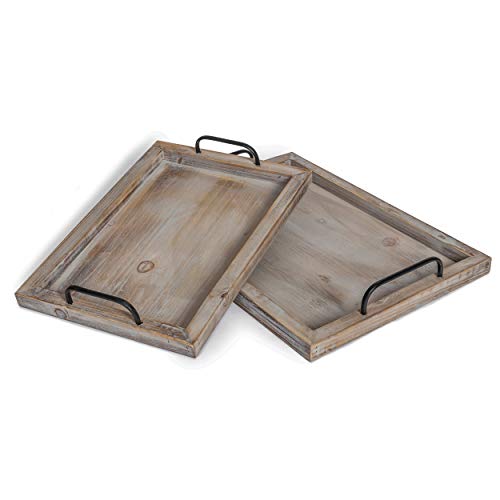 Besti Rustic Vintage Food Serving Trays (Set of 2) | Nesting Wooden Board with Metal Handles | Stylish Farmhouse Decor Serving Platters | Large: 15 x2 x11” - Small: 13 x2 x9” inches (Rustic) - Image 2