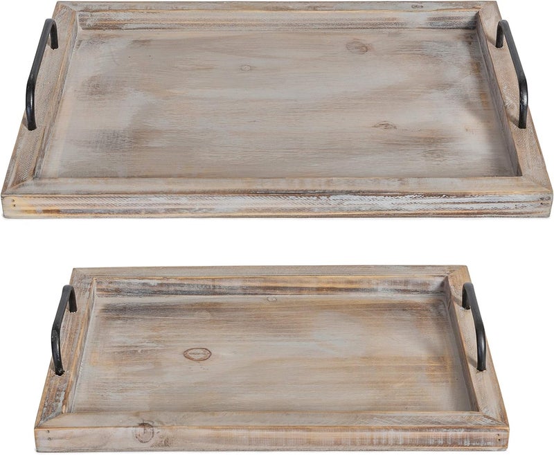 Besti Rustic Vintage Food Serving Trays (Set of 2) | Nesting Wooden Board with Metal Handles | Stylish Farmhouse Decor Serving Platters | Large: 15 x2 x11” - Small: 13 x2 x9” inches (Rustic) - Image 1