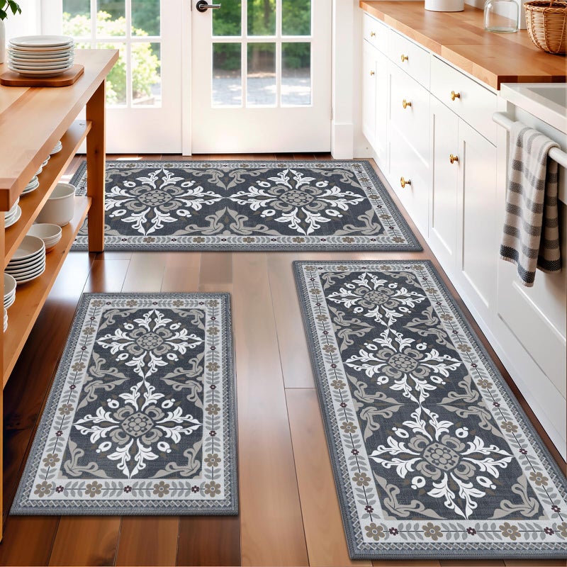 DailyCuddles Kitchen Rugs Set of 3, Non-Slip & Washable Floor Mats, Water-Absorbent Area Pad, Standing Desk Mat for Office, Home, Doorway, Laundry, Kitchen Accessories (Grey) - Image 1
