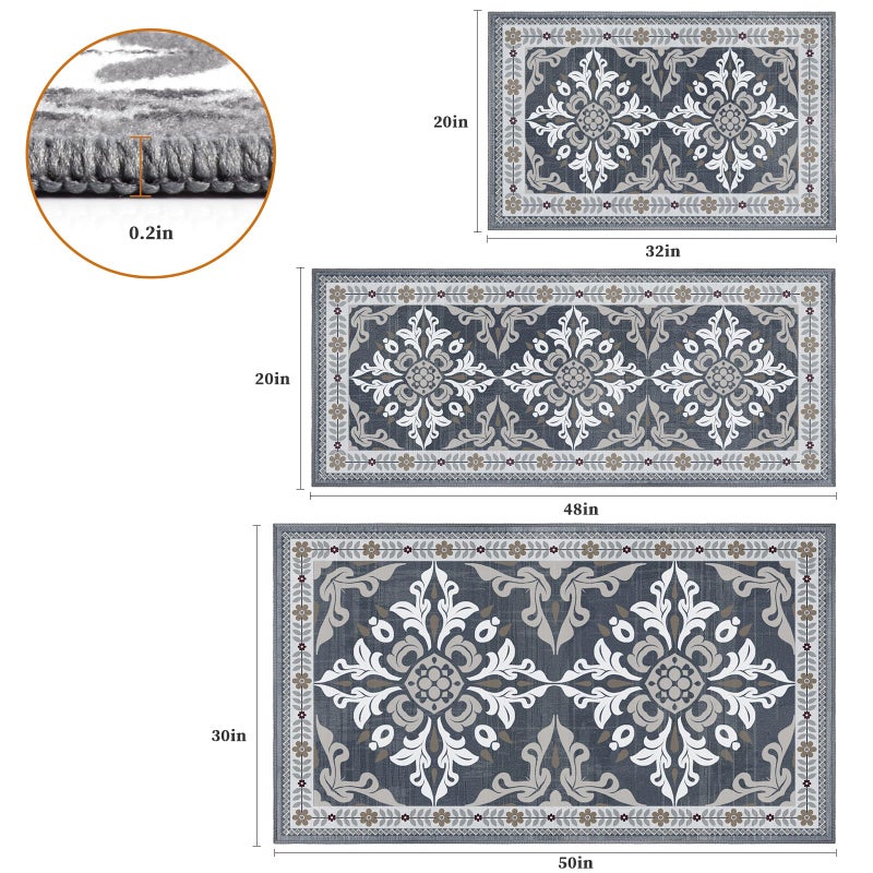 DailyCuddles Kitchen Rugs Set of 3, Non-Slip & Washable Floor Mats, Water-Absorbent Area Pad, Standing Desk Mat for Office, Home, Doorway, Laundry, Kitchen Accessories (Grey) - Image 2