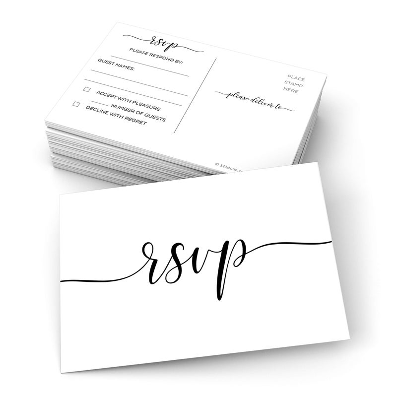 321Done RSVP Postcards (Set of 50) Small White, 3.5" x 5" - Blank with Mailing Side, Response Cards for Wedding, Bridal Shower, Baby Shower - Made in USA, Elegant Script White - Image 1