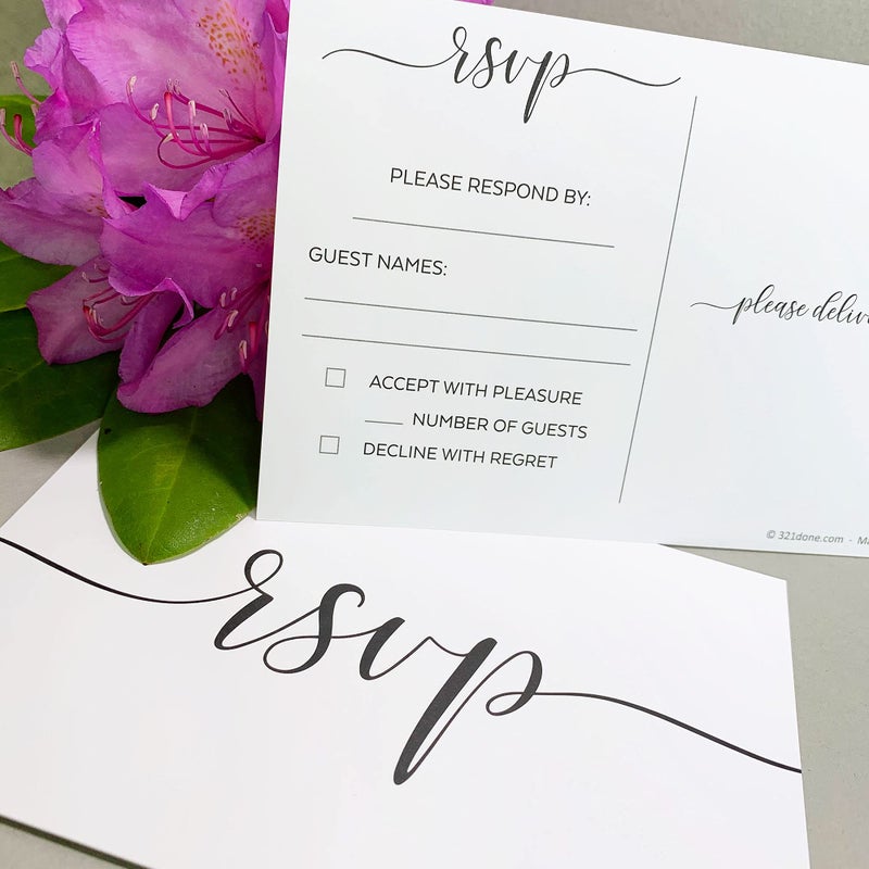 321Done RSVP Postcards (Set of 50) Small White, 3.5" x 5" - Blank with Mailing Side, Response Cards for Wedding, Bridal Shower, Baby Shower - Made in USA, Elegant Script White - Image 5