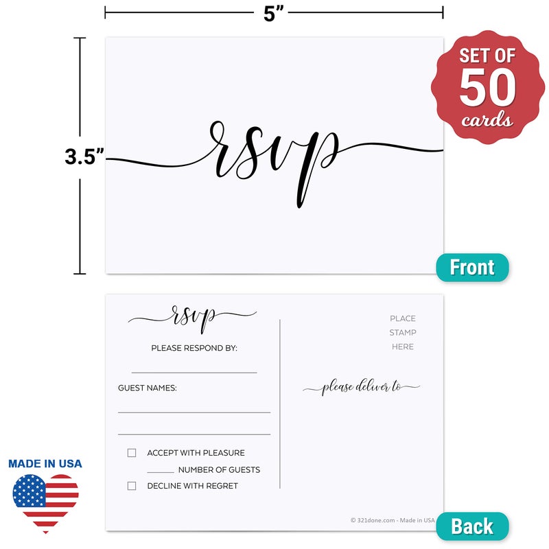 321Done RSVP Postcards (Set of 50) Small White, 3.5" x 5" - Blank with Mailing Side, Response Cards for Wedding, Bridal Shower, Baby Shower - Made in USA, Elegant Script White - Image 2