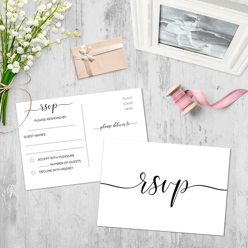 321Done RSVP Postcards (Set of 50) Small White, 3.5" x 5" - Blank with Mailing Side, Response Cards for Wedding, Bridal Shower, Baby Shower - Made in USA, Elegant Script White - Image 3
