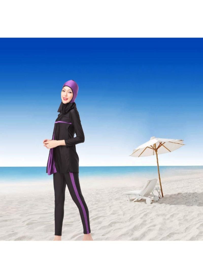 NIBEMINENT - 3-Piece Sun Protection Muslim Stitching Conservative Swimsuit Purple - Image 1