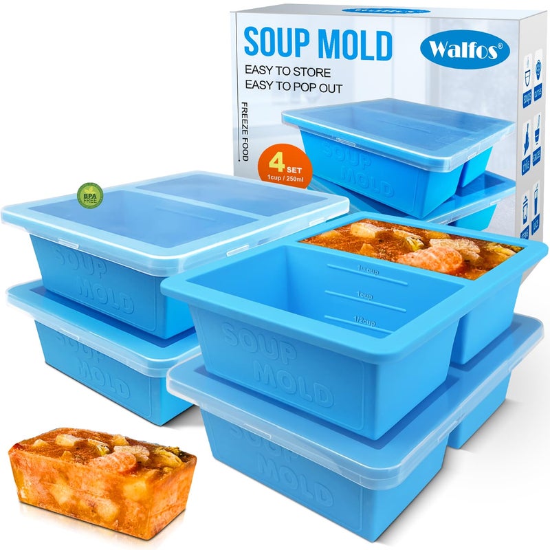 Walfos Silicone Freezer Tray with Lid  15Cup Silicone Food Freezer Tray  Soup Sauce leftovers Homemade Meal Prep Freezing Kitchen Storage Containers  4pcsblue