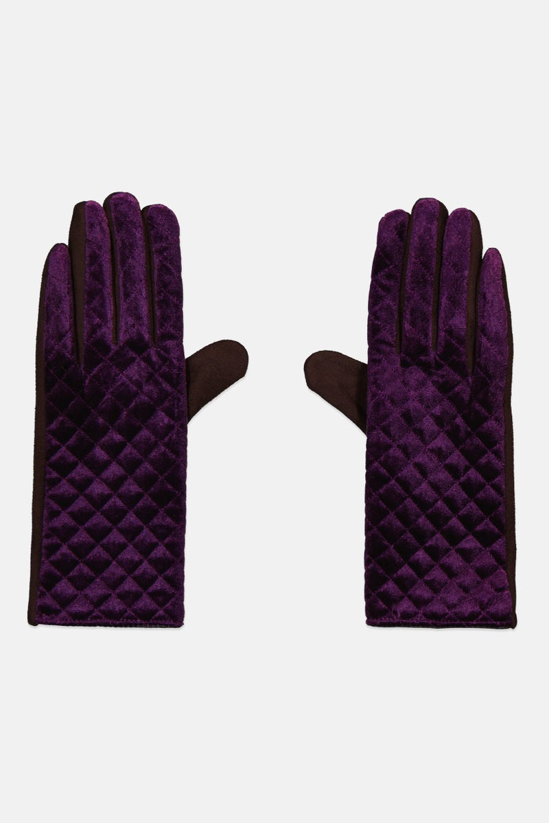 Justin Gregory Women 1 Pair Velvet Quilted Gloves, Purple - Image 1
