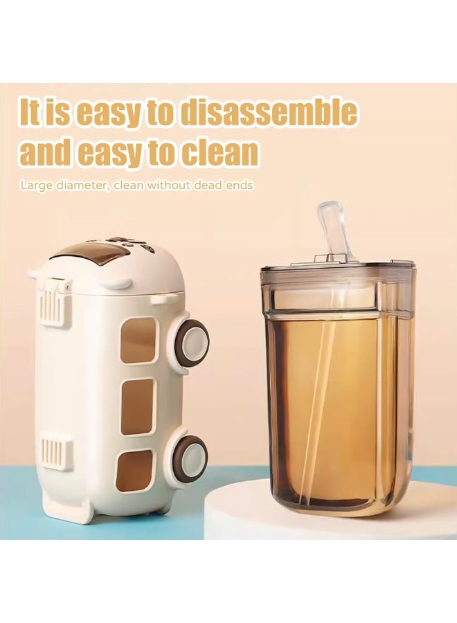 Twisoo Bus Design Kids Water Bottle With Straw And Stickers, Portable Plastic Drinking Bottle For Girls, School & Camping, With Shoulder Strap - Image 2