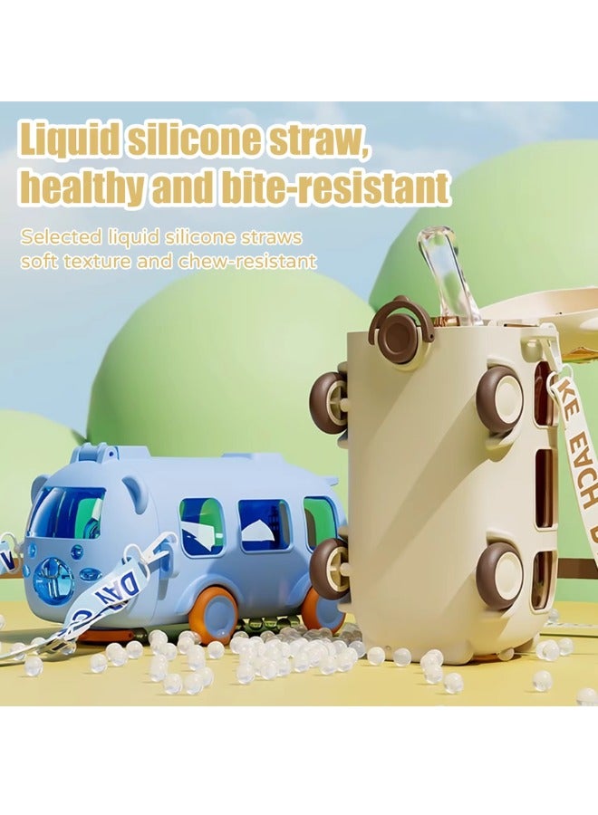 Twisoo Bus Design Kids Water Bottle With Straw And Stickers, Portable Plastic Drinking Bottle For Girls, School & Camping, With Shoulder Strap - Image 4