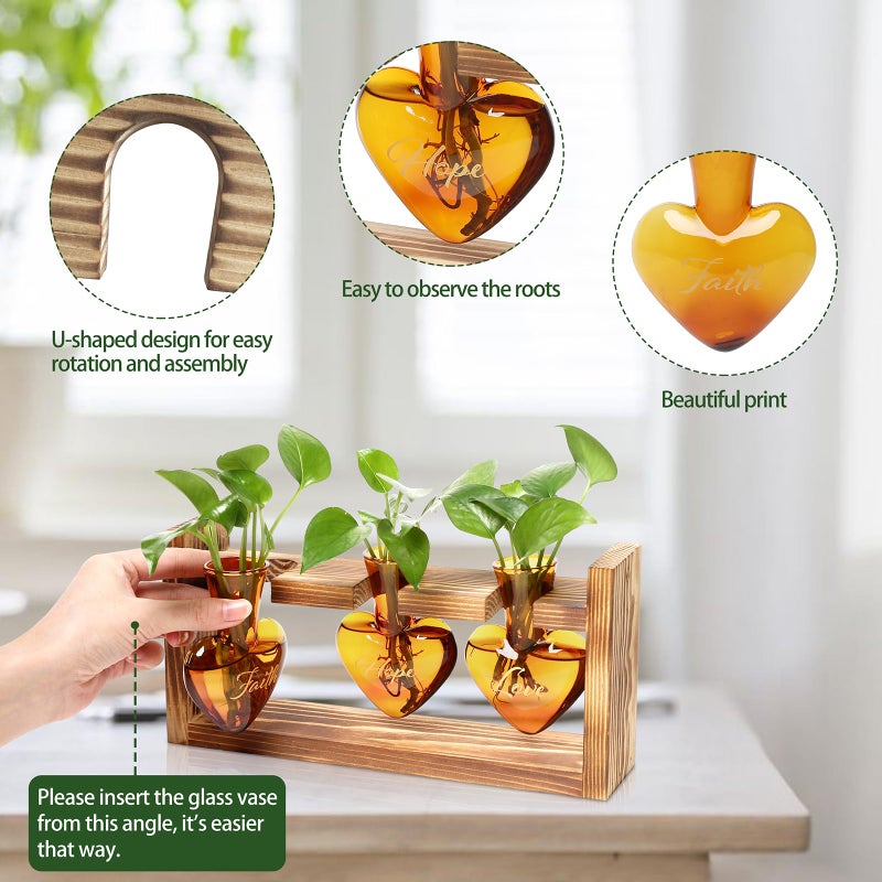 MTsigns Plant Terrarium Propagation Stations Faith Hope Love Hydroponics Home Garden Decoration Gift for Women with Wooden Stand Heart Shaped Colored Glass Vase - Image 2