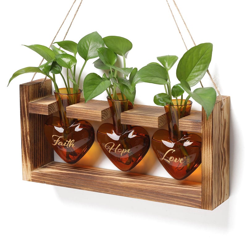 MTsigns Plant Terrarium Propagation Stations Faith Hope Love Hydroponics Home Garden Decoration Gift for Women with Wooden Stand Heart Shaped Colored Glass Vase - Image 1