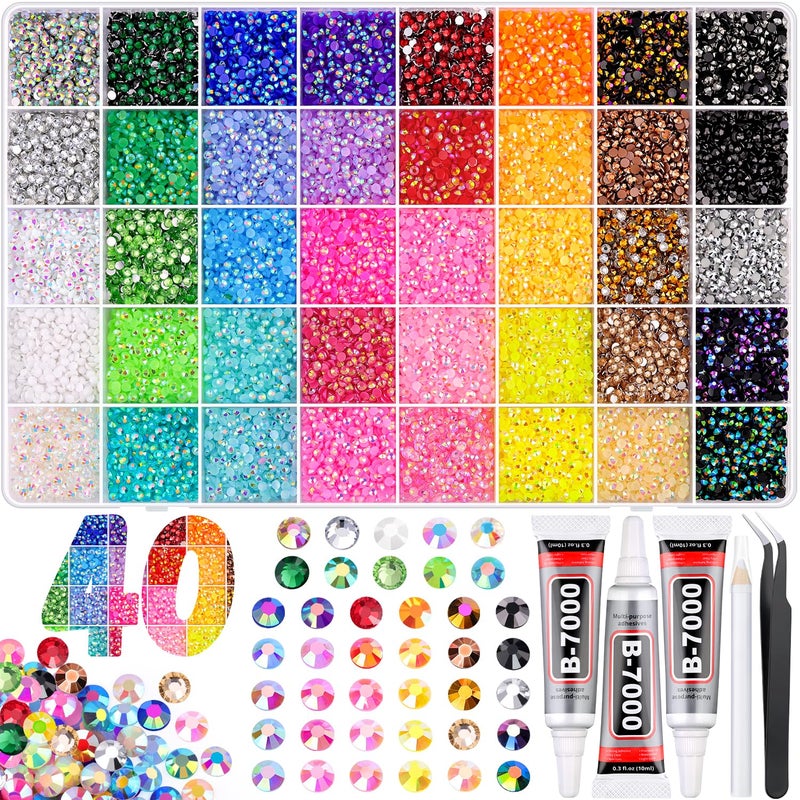 GA&EN Jelly Rhinestones for Bedazzling Kit, 40000Pcs Multi-Color 3mm Resin Flatback Gems with 3Pcs 10ml B7000 Jewelry Glue, Bedazzled Crystal for DIY Crafts Clothing Nail Art Makeup - Image 1