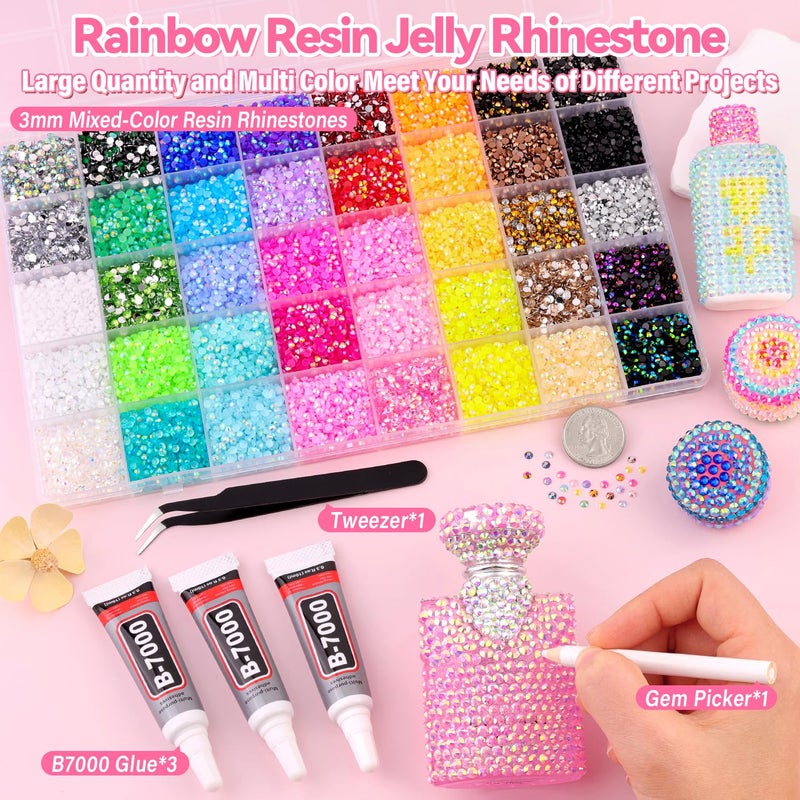 GA&EN Jelly Rhinestones for Bedazzling Kit, 40000Pcs Multi-Color 3mm Resin Flatback Gems with 3Pcs 10ml B7000 Jewelry Glue, Bedazzled Crystal for DIY Crafts Clothing Nail Art Makeup - Image 2