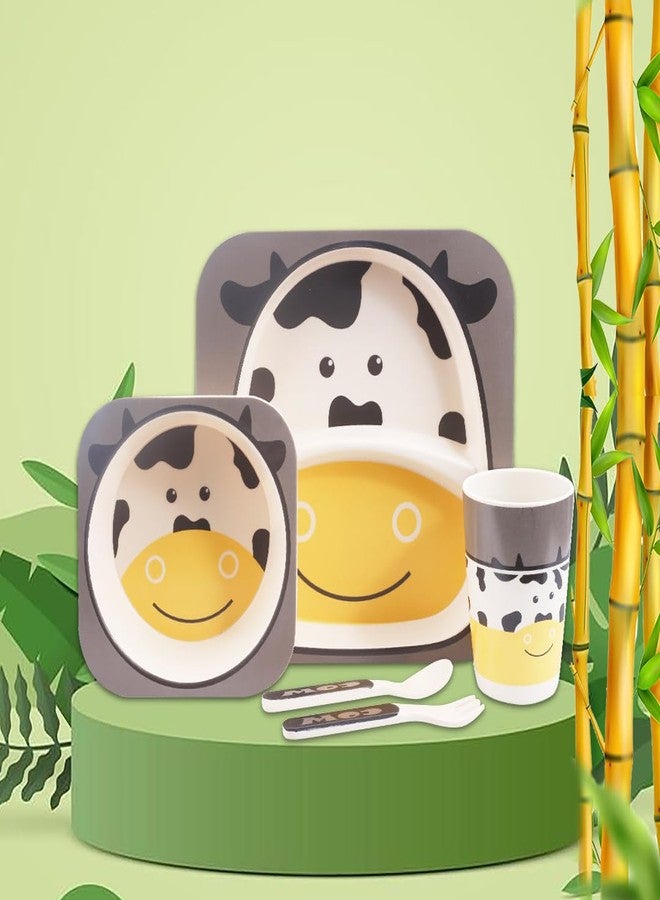 Tony Stark Bamboo Baby Feeding Set - 5-Piece Tableware for Toddlers, Kids & Babies Includes Plate, Bowl, Cup, Spoon, Fork - BPA-Free, Unbreakable Eco-Friendly |Organic & Natural (Cow) - Image 1