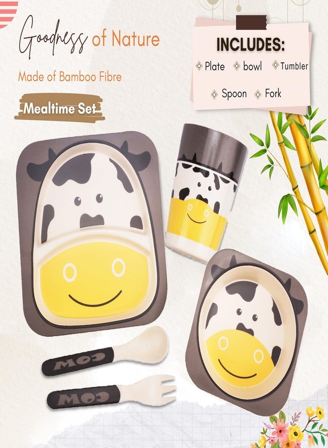 Tony Stark Bamboo Baby Feeding Set - 5-Piece Tableware for Toddlers, Kids & Babies Includes Plate, Bowl, Cup, Spoon, Fork - BPA-Free, Unbreakable Eco-Friendly |Organic & Natural (Cow) - Image 2