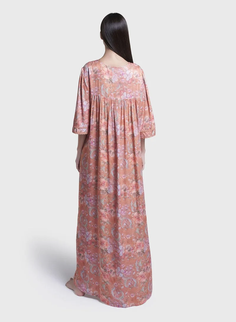 Kashkha  Papaya Floral Print Viscose Long Nightwear Dress (CNH464) for Women | Best Price UAE