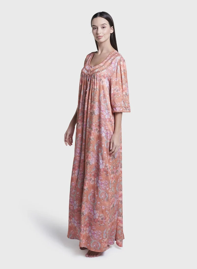 Kashkha  Papaya Floral Print Viscose Long Nightwear Dress (CNH464) for Women | Best Price UAE
