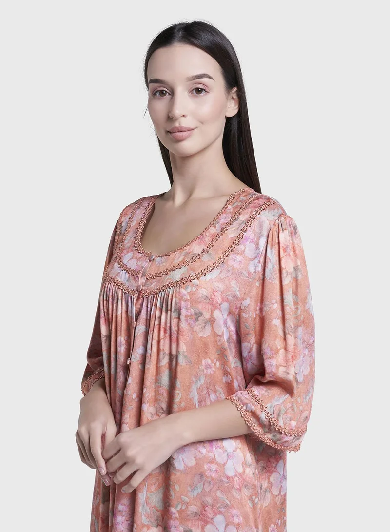 Kashkha Papaya Floral Print Viscose Long Nightwear Dress (CNH464)