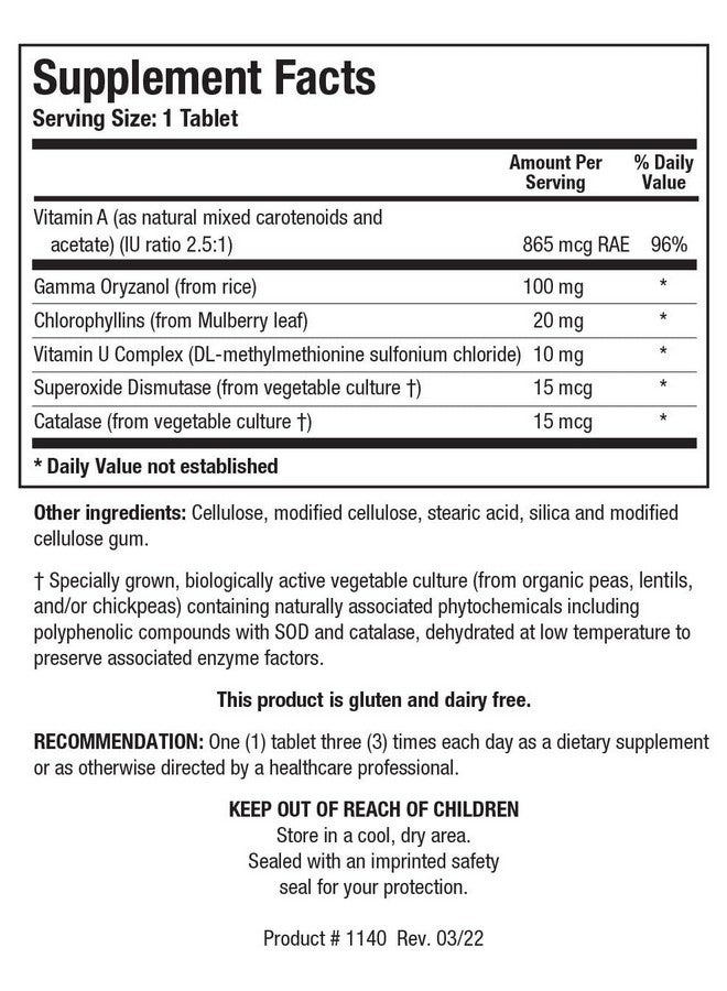 بيوتيكس ريسيرش Biotics Research Gastrazyme™ Digestive Support - مُكمّل غذائي غني بفيتامين U، والكلوروفيلين، وجاما أوريزانول (من الأرز) يدعم صحة الجهاز الهضمي وبطانة الأمعاء - 90 قرصًا - Image 2
