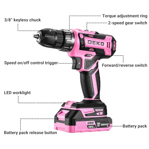 DEKOPRO Power Drill Cordless: DEKO PRO Pink Cordless Drill 20V Electric Power Drill Set Tool for Women Drills with Battery and Charger 20 Volt Drills Driver Kit - Image 2