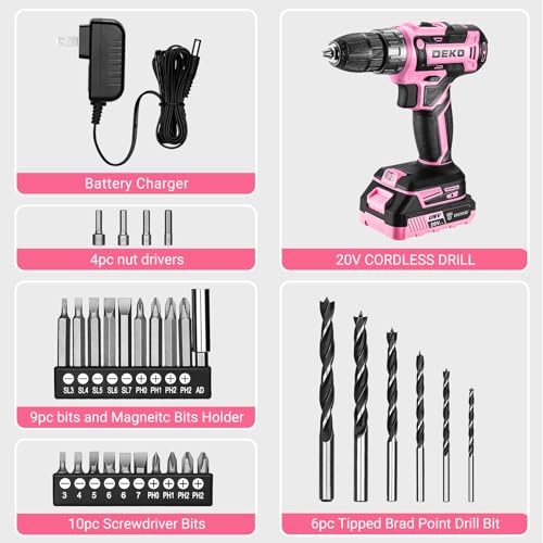 DEKOPRO Power Drill Cordless: DEKO PRO Pink Cordless Drill 20V Electric Power Drill Set Tool for Women Drills with Battery and Charger 20 Volt Drills Driver Kit - Image 4