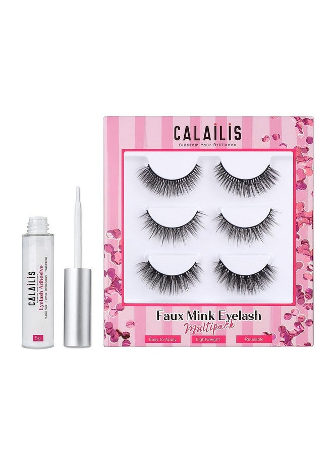 Calailis False Eyelash, Eye Makeup Lash 3D Faux Mink Fake Eyelash Long Natural Eyelashes 3 Pairs With 5G False Eyelash Glue (Cs12) - Image 1