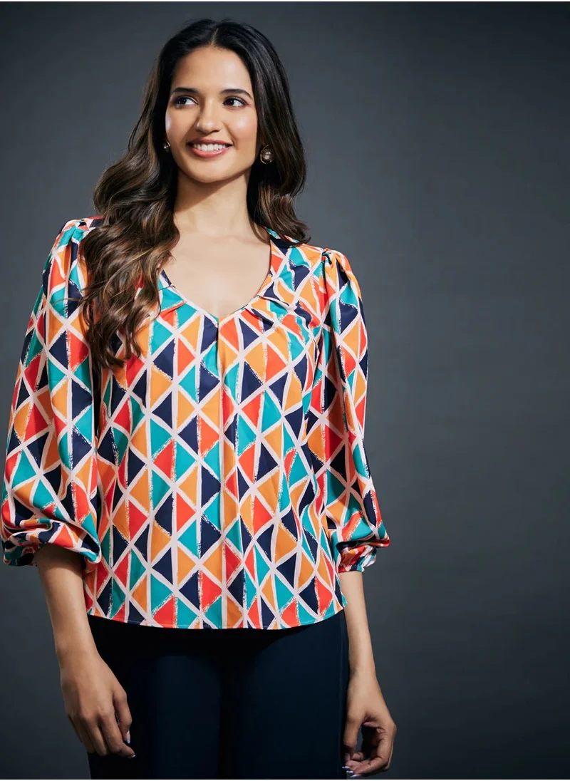 Zigzag Colorful Vneck Puff Sleeve Chiffon Top