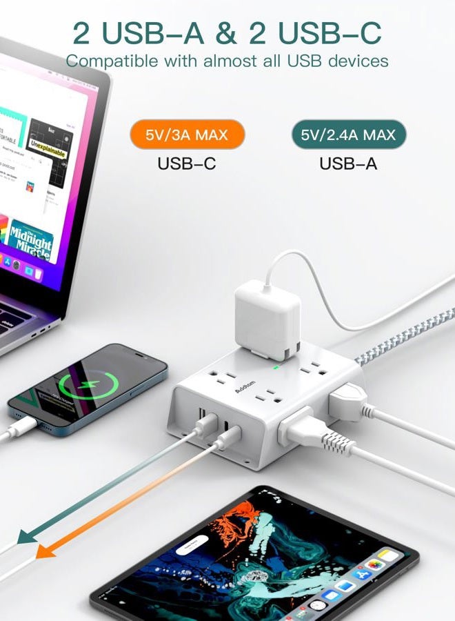 Addtam Surge Protector Power Strip - 8 Widely Outlets with 4 USB Ports(1 USB C Outlet), 3-Side Outlet Extender Strip with 5Ft Extension Cord, Flat Plug, Wall Mount for Dorm Home Office, ETL Listed - Image 4