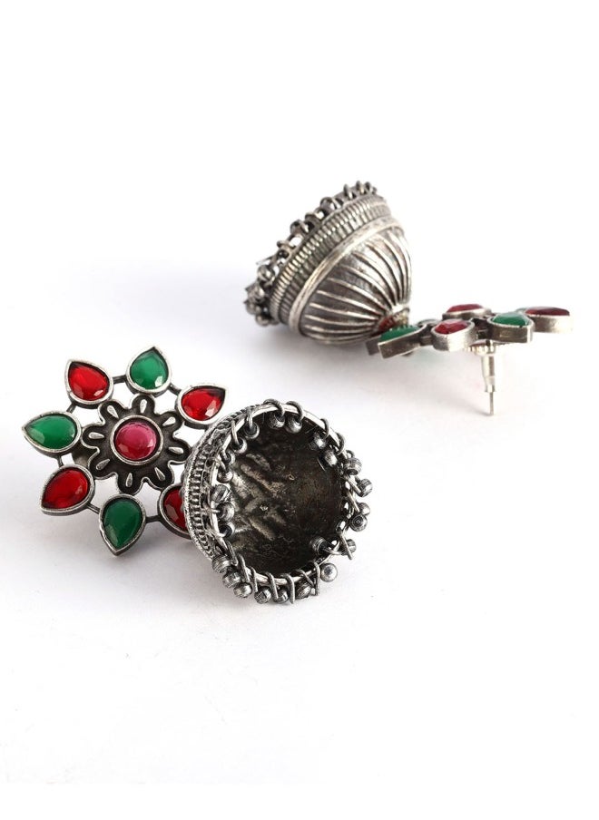 ISHIN Silver-Toned & Red Dome Shaped Jhumkas Earrings  - Image 2