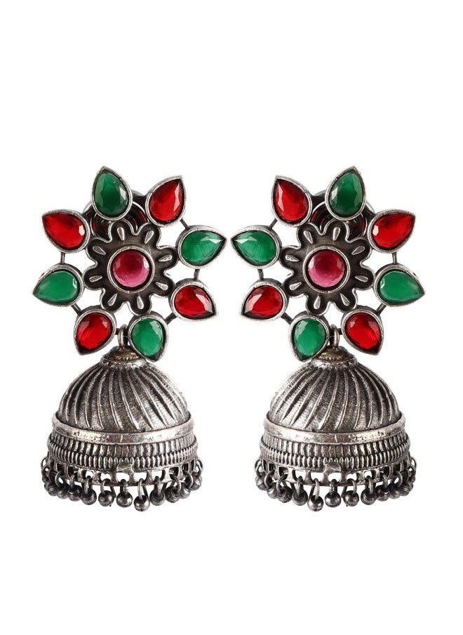 ISHIN Silver-Toned & Red Dome Shaped Jhumkas Earrings  - Image 3