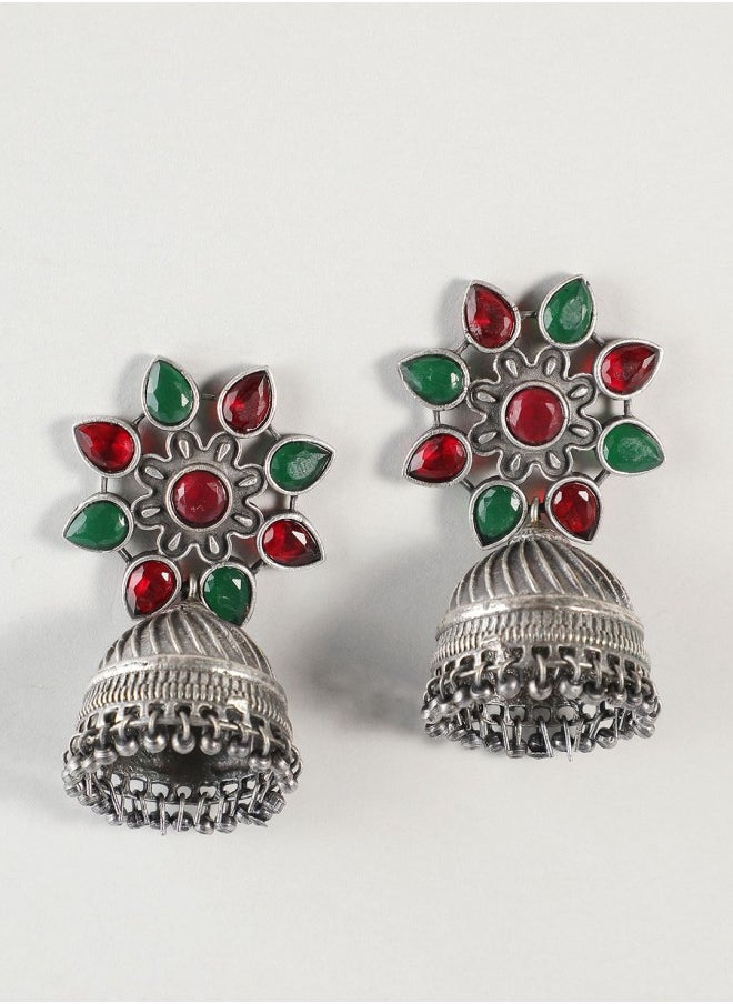 ISHIN Silver-Toned & Red Dome Shaped Jhumkas Earrings  - Image 4