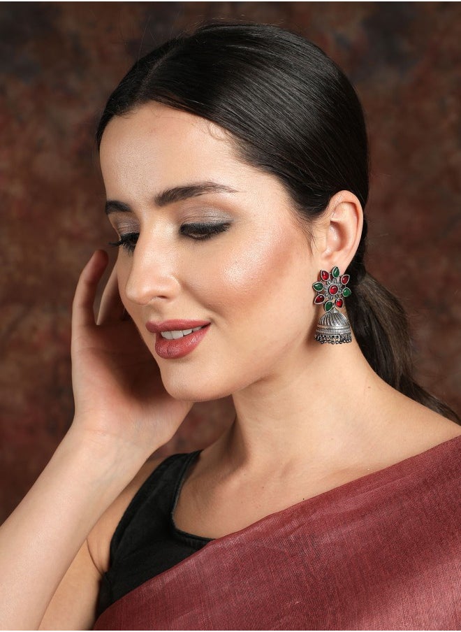 ISHIN Silver-Toned & Red Dome Shaped Jhumkas Earrings  - Image 1