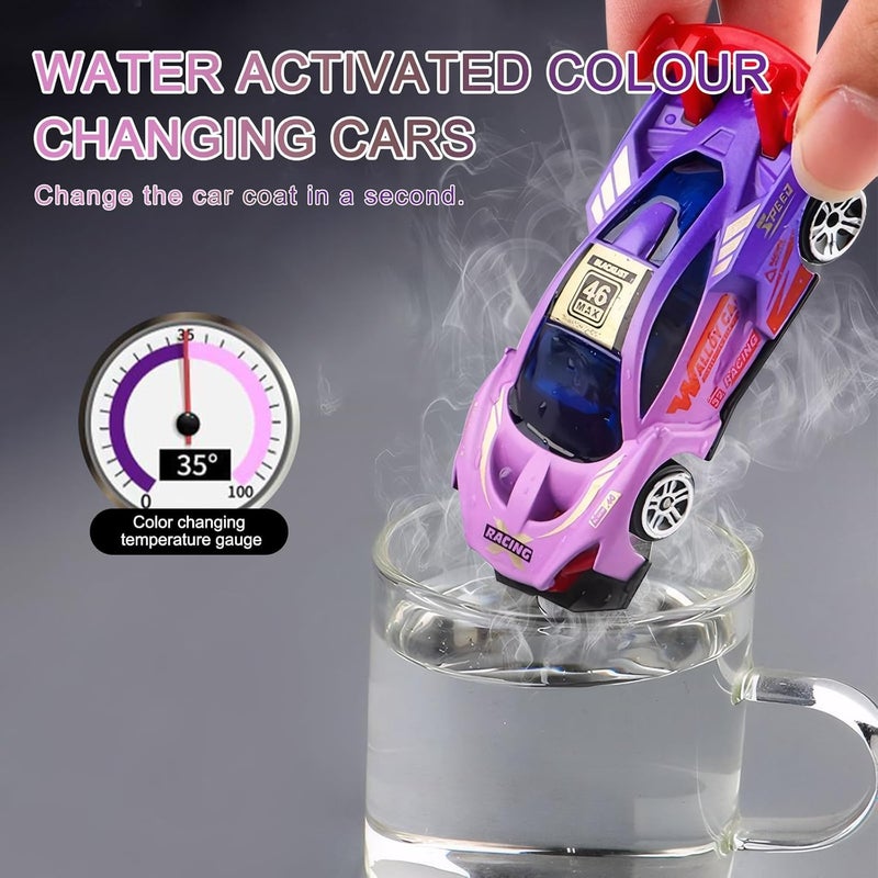 Street Machines Colour Change Cars, 4 Pcs Mini Racing Car Playset, Water-Activated Colour Changing Alloy Cars for Kids Boys & Girls Birthday Gift - Image 2