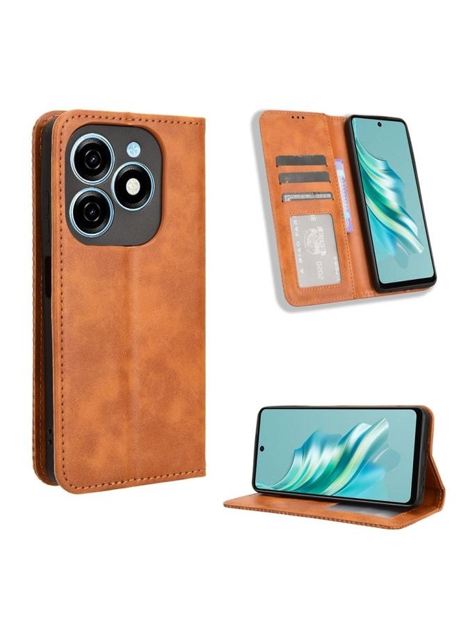 HuHa Case Cover For Tecno Spark 20 4G Magnetic Buckle Retro Texture Leather Phone Case Brown 