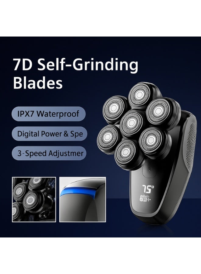 ماكينة حلاقة كهربائية للرأس 7D للرجال - شاشة LED ذكية، ماكينة حلاقة دوارة متعددة الوظائف، أداة قوية لاسلكية لحلاقة الرأس واللحية - Image 1