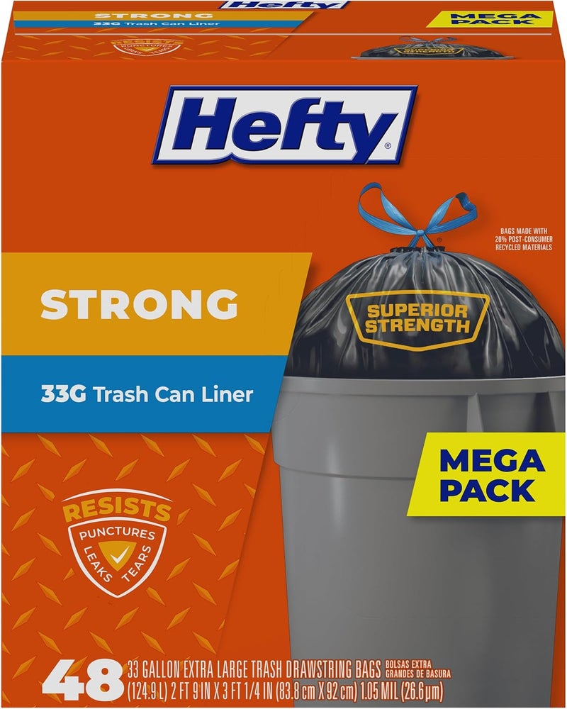 Hefty Strong Extra Large Trash Bags, Black, 33 Gallon, 48 Count - Image 1