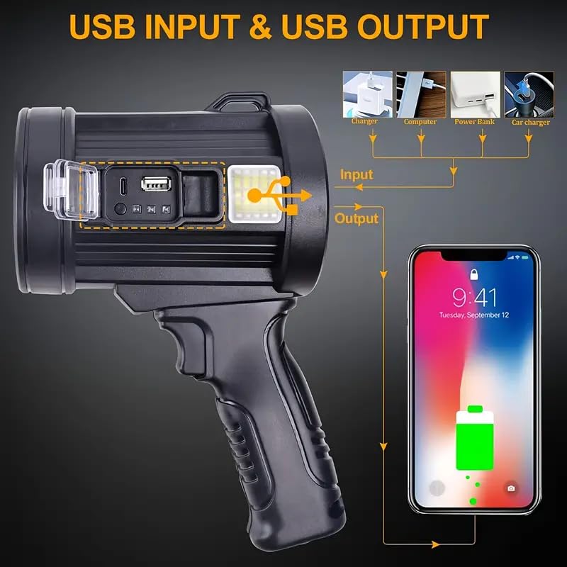 Brikipth Brikipth 1pc High Power Portable Led Flashlight COB Searchlight Spotlights Solar Panel USB Charging Torch with 9000mAh Lithium Battery - Image 2