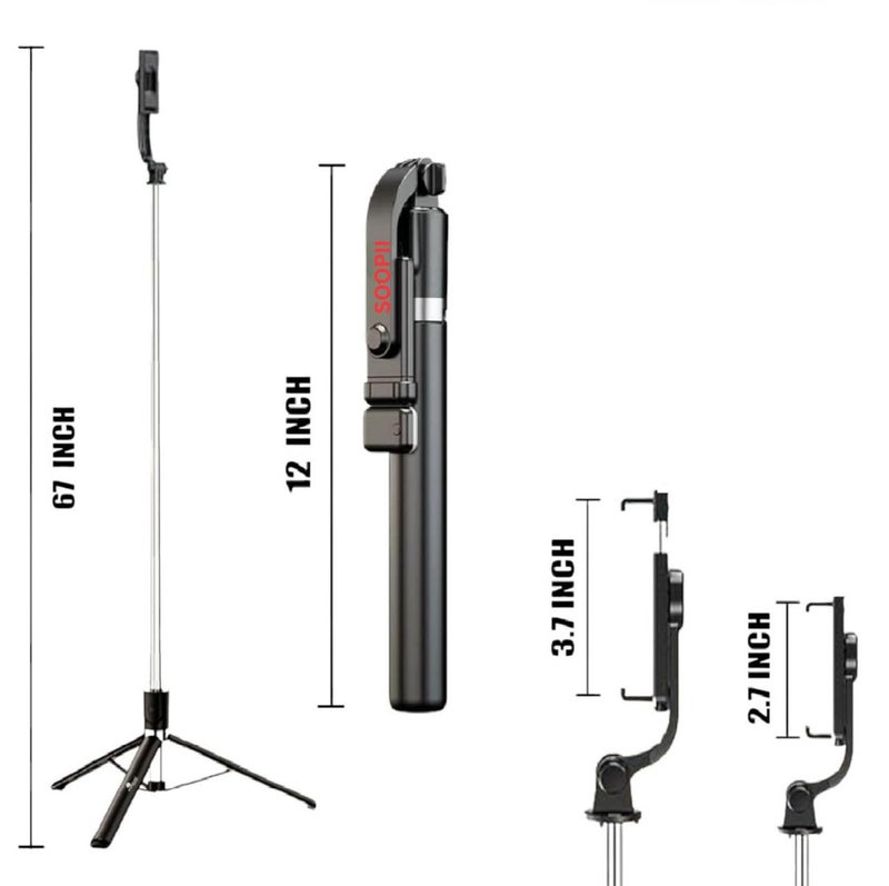 SooPii 3-in-1 Selfie Stick Tripod with Light 67 Inch Extendable Long Tripod Stand with Wireless Remote, 360° Rotation, Adjustable Phone Holder for Travel, Makeup, Vlogging, Compatible All Smartphones - Image 4