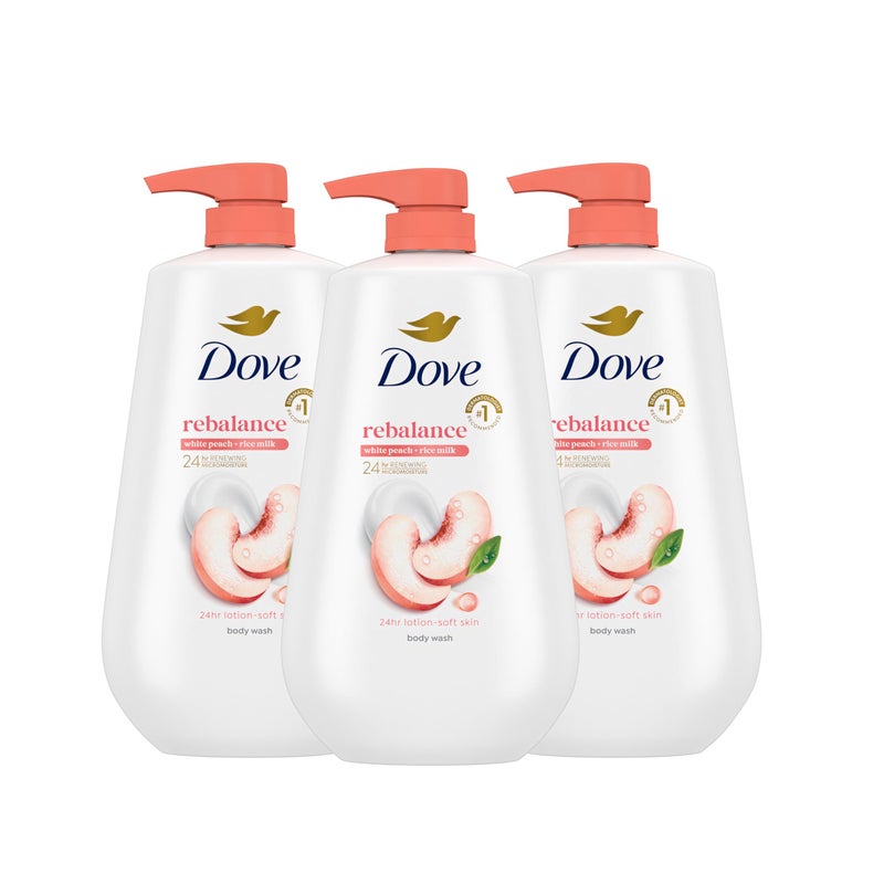 Dove Body Wash 3 Count Rebalance White Peach & Rice Milk For 24hr Lotion-Soft Skin Moisturizing Skin Cleanser with No Sulfates No Parabens - Image 1
