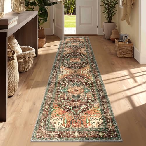 Yamaziot Washable Runner Rug, 2x8 Non-Slip Boho Vintage Hallway Rug Runner with Rubber Backing, Stain Resistant & Low Pile Faux Wool Distressed Carpet Runner for Bedroom, Kitchen, Laundry, Entrance - Image 1