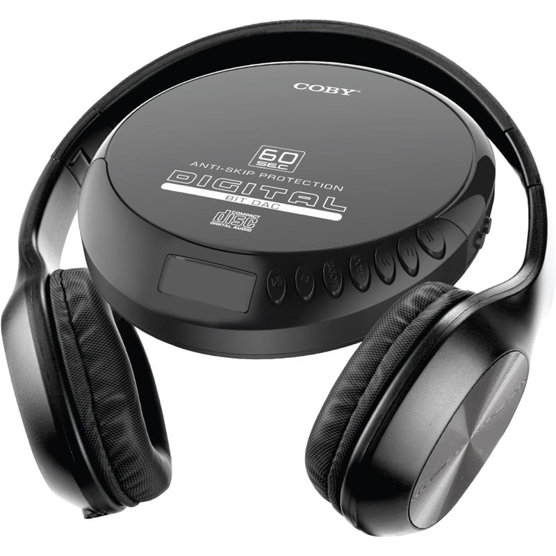 COBY مشغل أقراص مضغوطة محمول من كوفي مع تشغيل MP3 وراديو FM، حماية من التخطي لمدة 60 ثانية، سماعات رأس سلكية قابلة للطي، مشغل موسيقى ديسكمان مدمج بتصميم كلاسيكي للمنزل، السيارة، السفر وكبار السن - صوت ستيريو واضح - Image 2