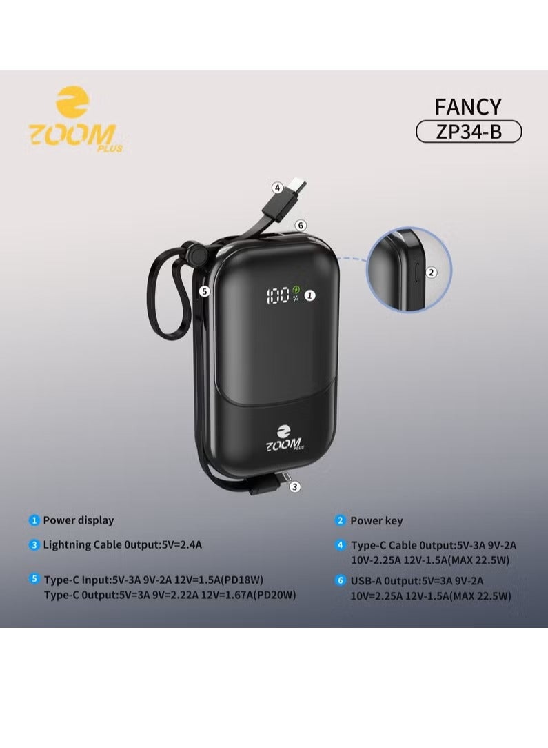 Zoom Plus Fantasy 20000mAh Power Bank, 22.5W PD Fast Charging, Built-in Cable, Digital Display, Portable Charger for iPhone and Android – Model ZP34-B - Image 5