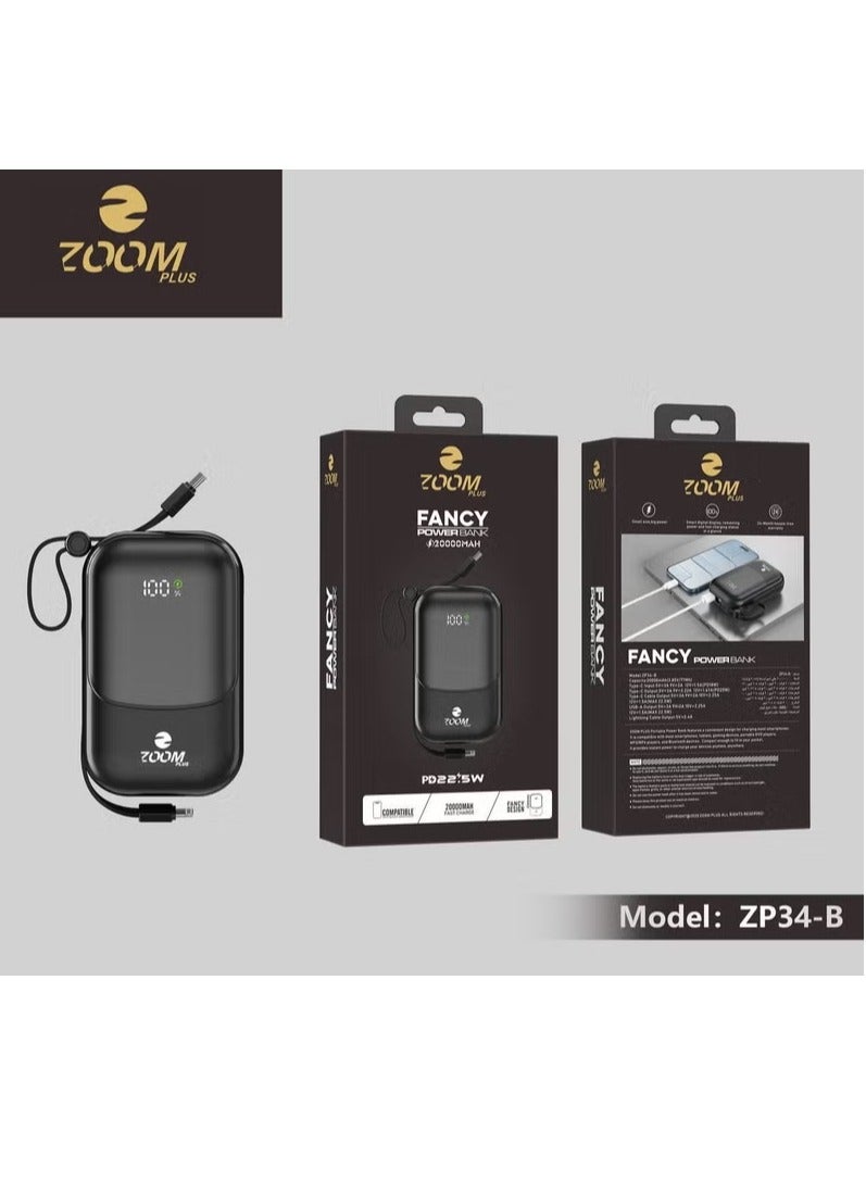 Zoom Plus Fantasy 20000mAh Power Bank, 22.5W PD Fast Charging, Built-in Cable, Digital Display, Portable Charger for iPhone and Android – Model ZP34-B - Image 3