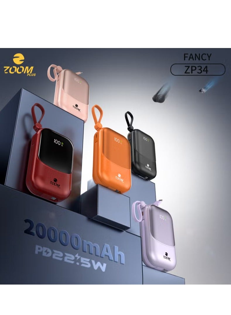 Zoom Plus Fantasy 20000mAh Power Bank, 22.5W PD Fast Charging, Built-in Cable, Digital Display, Portable Charger for iPhone and Android – Model ZP34-B - Image 2