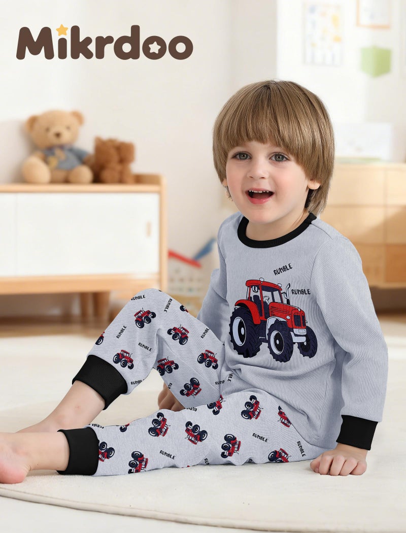 Mikrdoo Boys Pajamas Set Long Sleeve Tops & Pants Kids PJ Set Sleepwear, Gray Tractor, 3T - Image 2