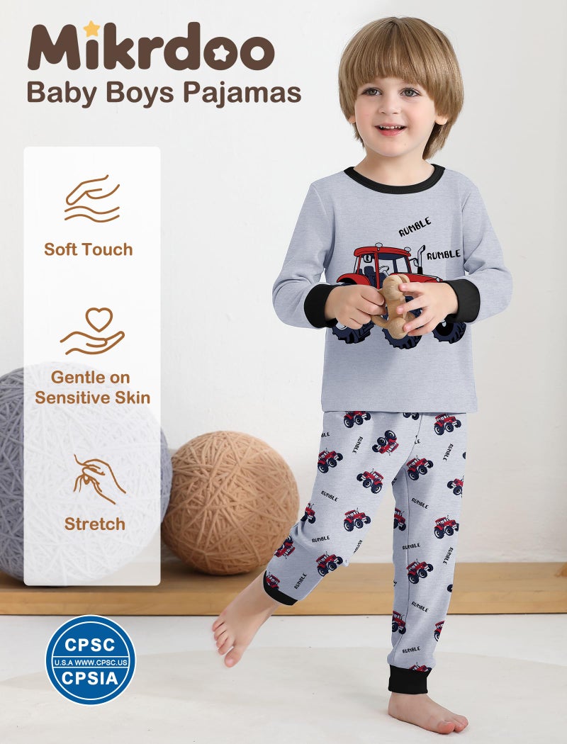 Mikrdoo Boys Pajamas Set Long Sleeve Tops & Pants Kids PJ Set Sleepwear, Gray Tractor, 3T - Image 4